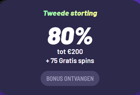 80% stortingsbonus tot €200 met 75 gratis spins