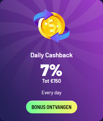 Dagelijkse 7% cashback tot €150 bonus met 'Bonus Ontvangen' knop