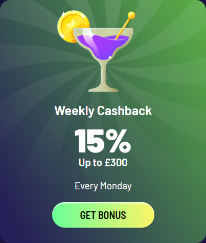 Wekelijkse cashback banner met 15% tot £300, elke maandag