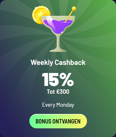 Wekelijkse 15% cashback tot €300, elke maandag