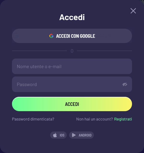 Accedi met Google, naam en wachtwoord velden, met iOS en Android knoppen