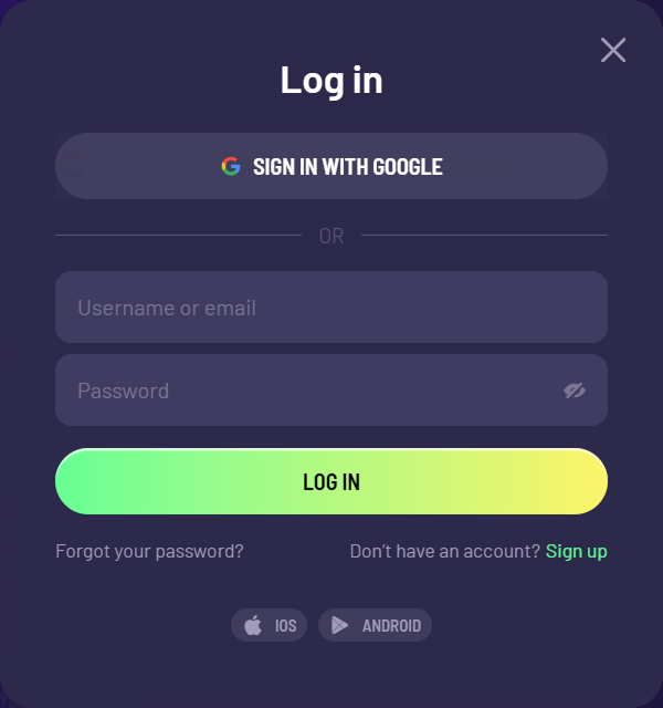 TuffPuff Casino mobiel inlogscherm met Google, e-mail en wachtwoord opties