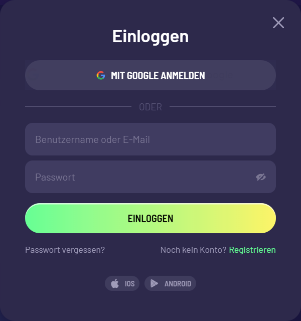 Inlogscherm met opties voor Google aanmelden, gebruikersnaam, wachtwoord en registreren