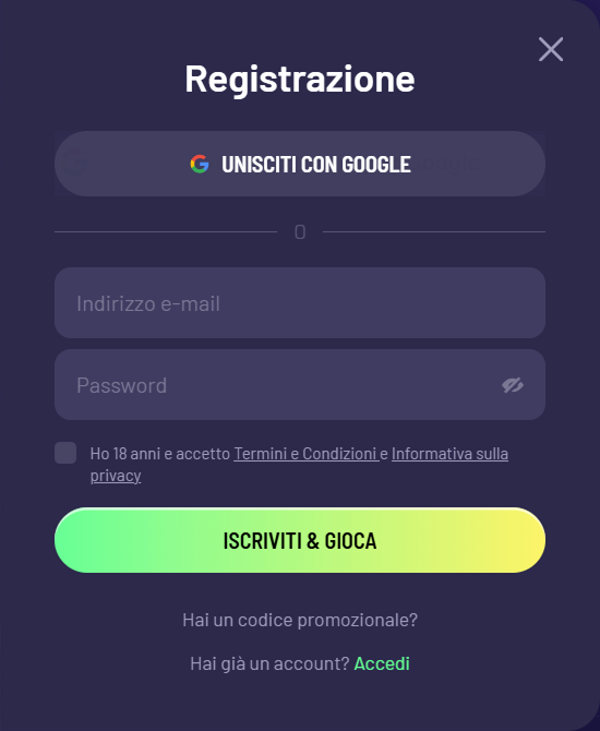 TuffPuff Casino registratieformulier met optie om met Google in te loggen