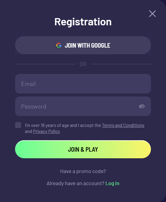TuffPuff Casino registratieformulier met opties voor Google login en e-mail/wachtwoord