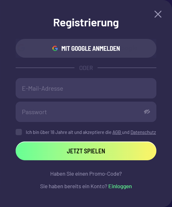 Registratieformulier met e-mail, wachtwoord en Google-aanmeldingsoptie