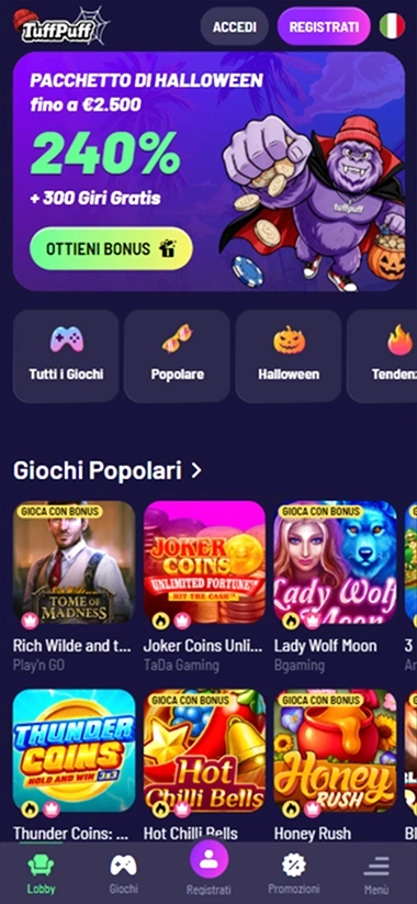 TuffPuff Casino mobiele lobby met Halloween bonus en populaire gokkasten