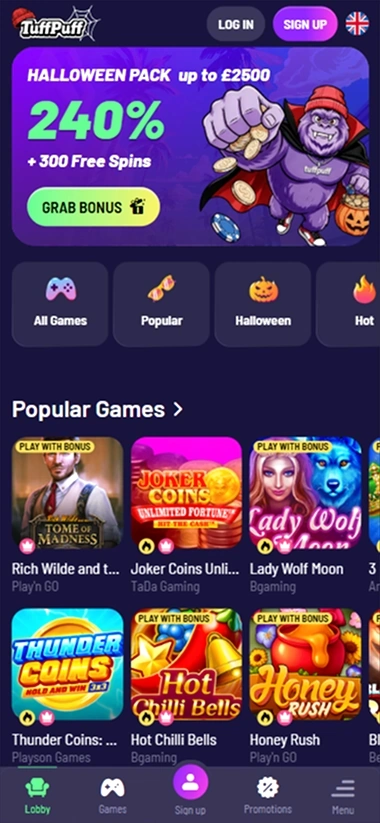 TuffPuff mobiele lobby met Halloween bonus en populaire spellen