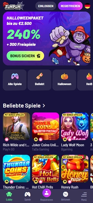 TuffPuff mobiele lobby met Halloween bonus en populaire spellen