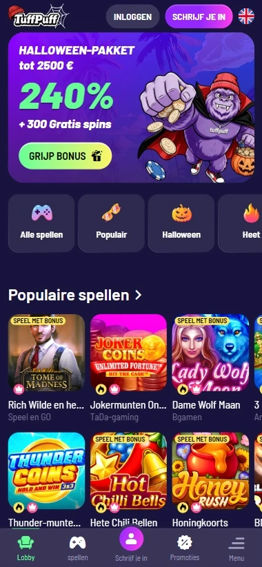TuffPuff mobiele lobby met Halloween-bonus en populaire spellen