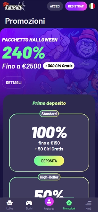 TuffPuff Casino mobiele promotiespagina met Halloween-aanbieding en stortingsbonussen