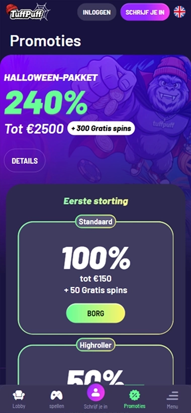 TuffPuff mobiele promoties met Halloween bonus van 240% en 300 gratis spins