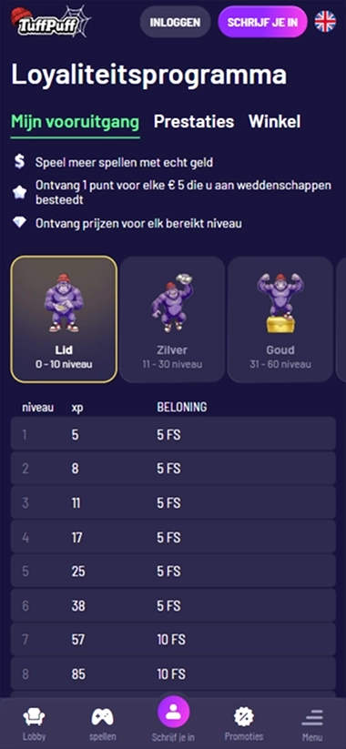 TuffPuff mobiele loyaliteitsprogramma met niveaus en beloningen